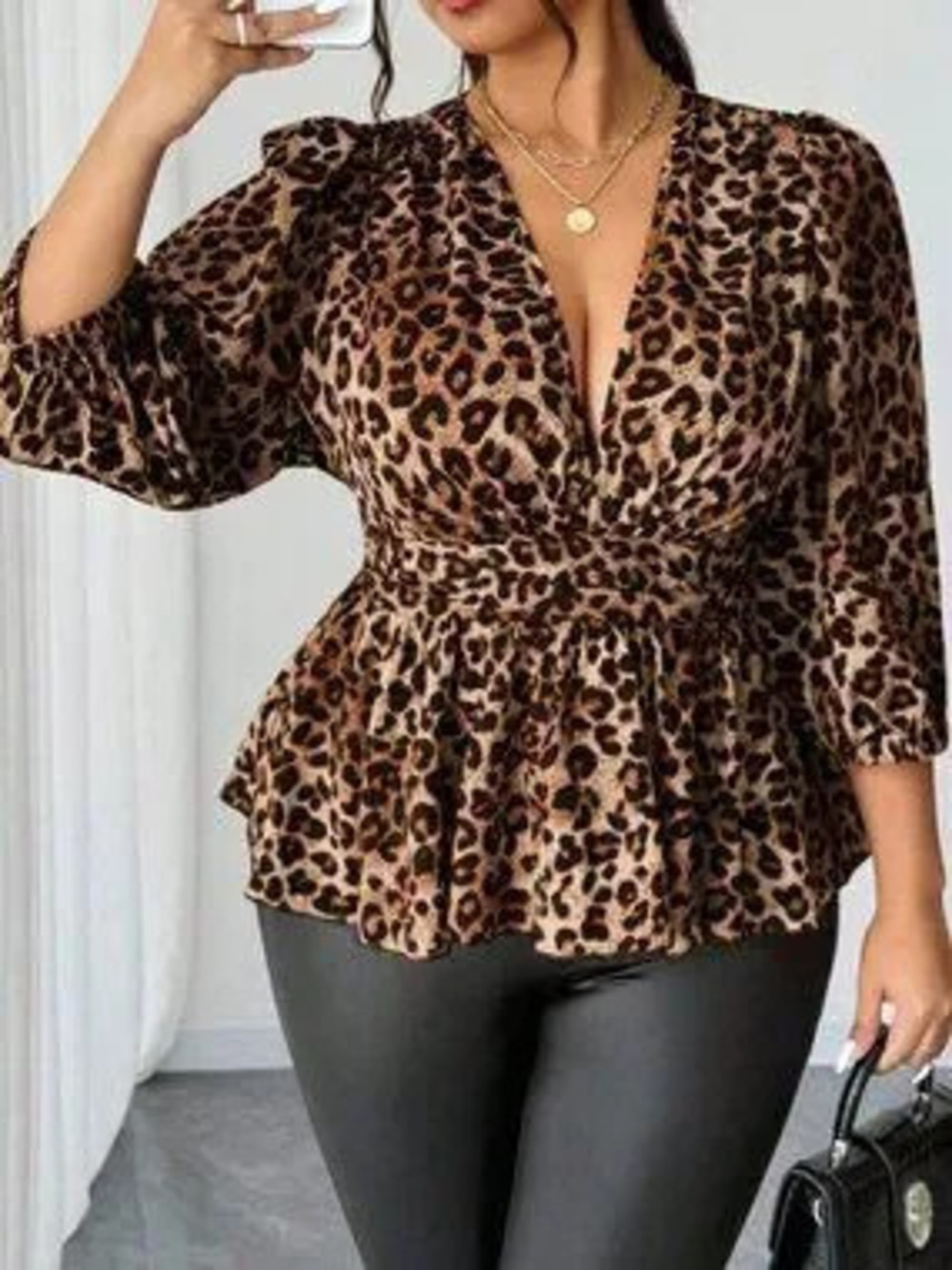 ZARA Brown Casual Women's Leopard Print V-Neck A-Line Three-Quarter Sleeve Shirt